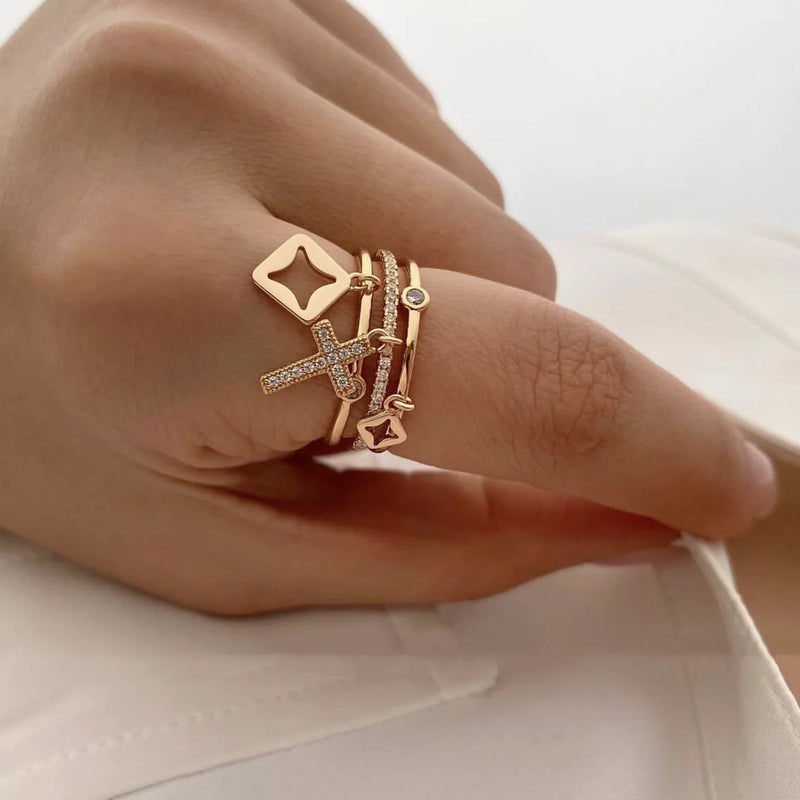2025 Nwe Stainless Steel 18 K Gold Plated Sun Rings for Women Natural Stone Inlaid in Hollow Metal Texture Ring Trendy Jewelry