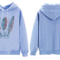 Women Fashion Feather Printed Hoodies Autumn Winter Plus Velvet Casual Loose Sweatshirt