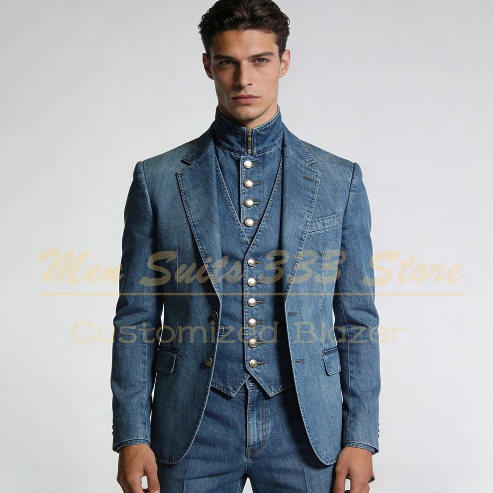 Tailor Made Men's Suits Denim Single Breasted Notch Lapel Slim Fit 3 Piece Jacket Pants Vest Full Sets Elegant Male Clothing