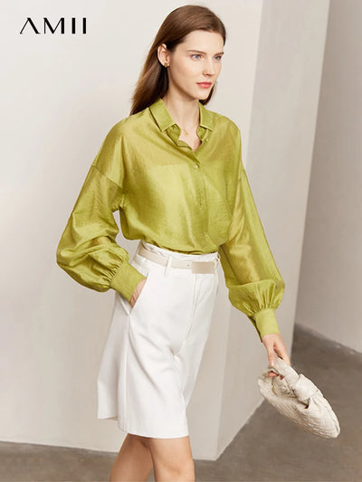 AMII Minimalist Blouse for Women Autumn Lantern Sleeve | SAMAG