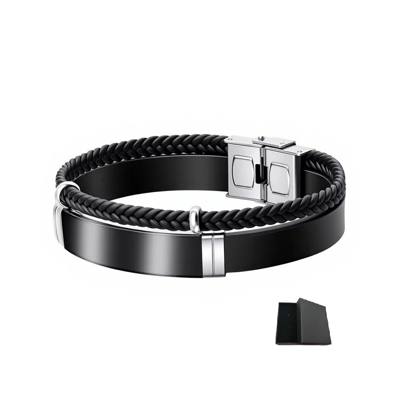 Custom Engraved Name Braided Rope Stainless Steel Bracelet, Personalised Engraved Text Twisted Rope Braided Leather Wristband