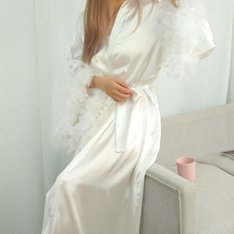 Feather Blush Kimono Robe Boudoir Wedding Floor Length | SAMAG
