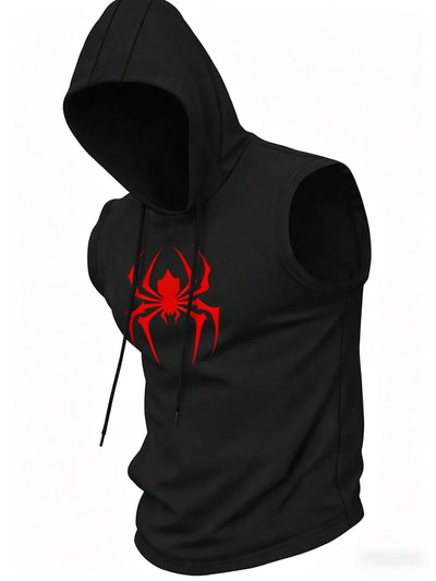 Men's Black Sleeveless Hooded Vest Spider Print Gym Tank | SAMAG