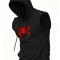 Men's Black Sleeveless Hooded Vest Spider Print Gym Tank Breathable Spring Summer Workout Casual Fitness Sportswear
