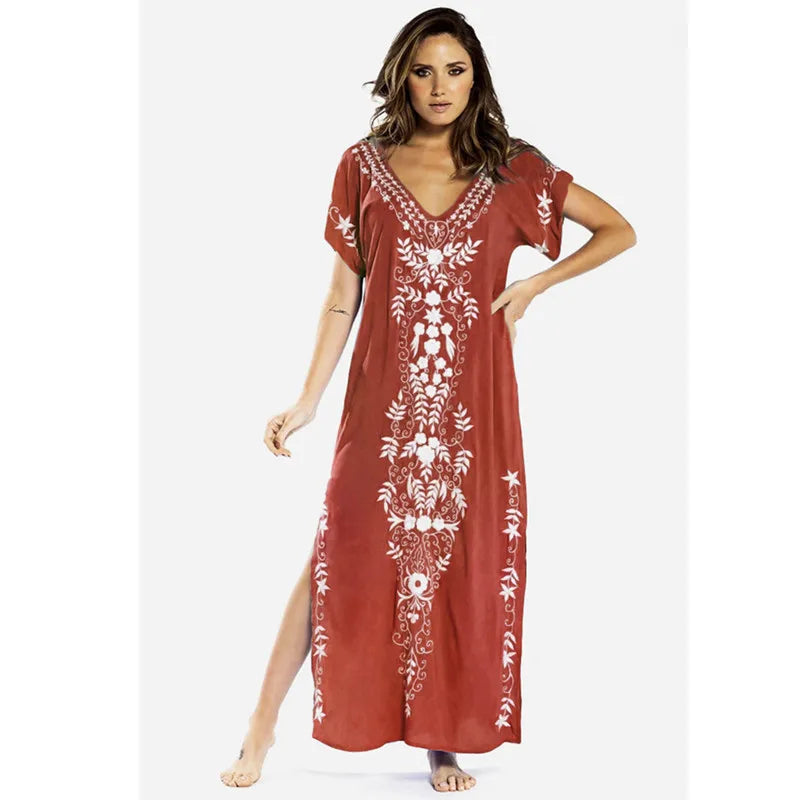 Swimsuit Cover Ups Embroidery V Neck Short Sleeve Swim Cover Up for Women Kaftan Dresses