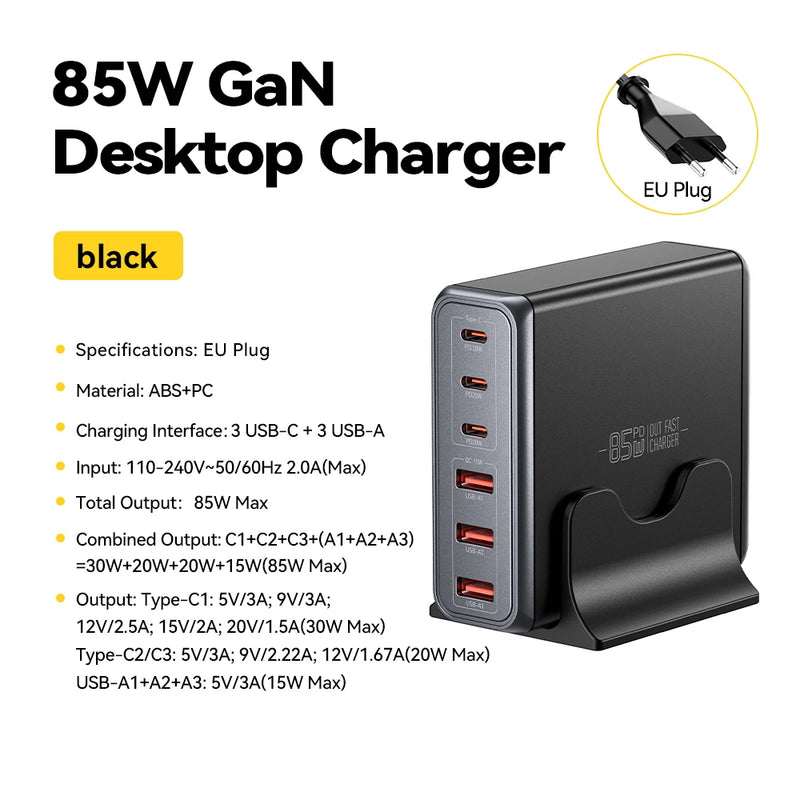 Essager 85W GaN USB Charger6in1 Desktop Fast Charge USB Type C Charger  For iPhone17 16 15Pro  Xiaomi Samsung Smartphone Laptop