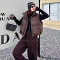 Leopard Women's Autumn Winter Sleeveless Parkas Jacket 2025 Woman Mandarin Collar Cotton Padded Vest Korean Style Waistcoat