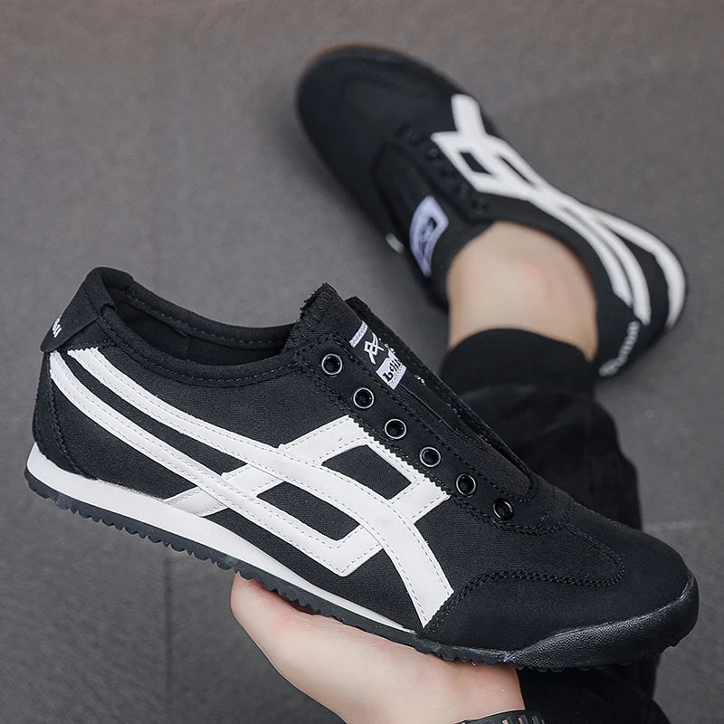 Men's Striped Canvas Sneakers Low Top Casual Walking Trainers with Extra Laces Flat Trainer Shoes Dual Wear Lace Up or Slip On
