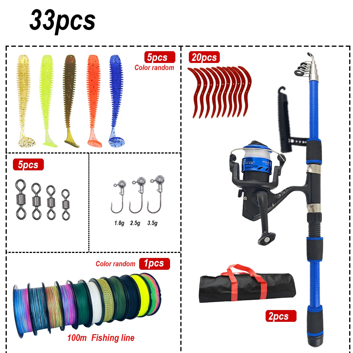 33pcs Beginner Fishing Combo 1.8m - Kids Telescopic Rod, Reel & Accessories for Outdoor Lake & Pond Fishing