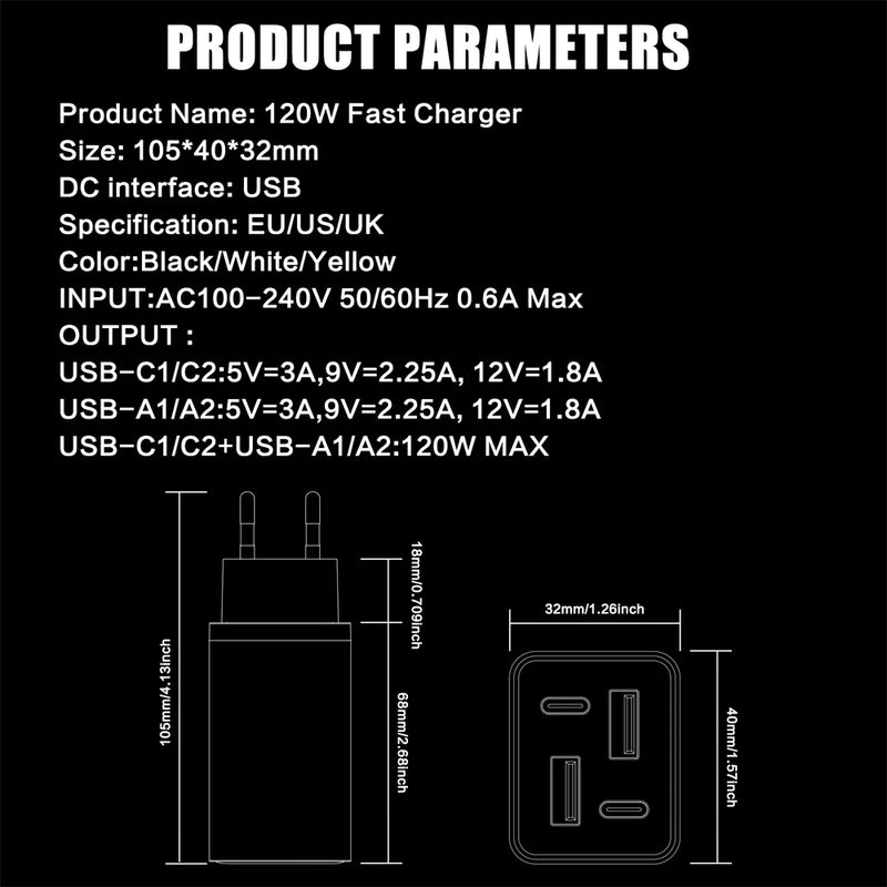 4 Ports 120W USB C Charger Fast Charging EU/US/UK Plug Wall Charger Adapter For iPhone Samsung Xiaomi Huawei Phone Power Charger
