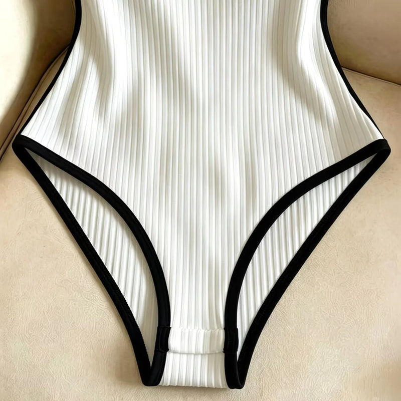 3pcs Women's Ribbed Bodysuit Set Fashionable Black Piped Square Neck Waist-Cinching Style Summer Nightlife Wear Elegant Beach Ou