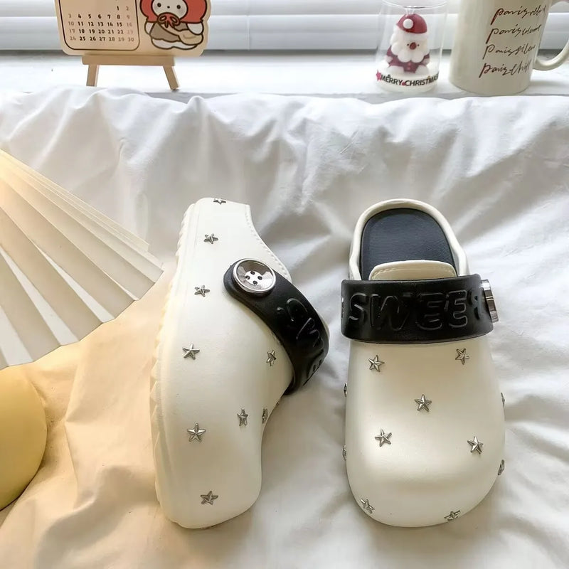 Small and high-end star studded toe caps, thick soled M ü ller shoes, versatile for summer commuting and outdoor wear