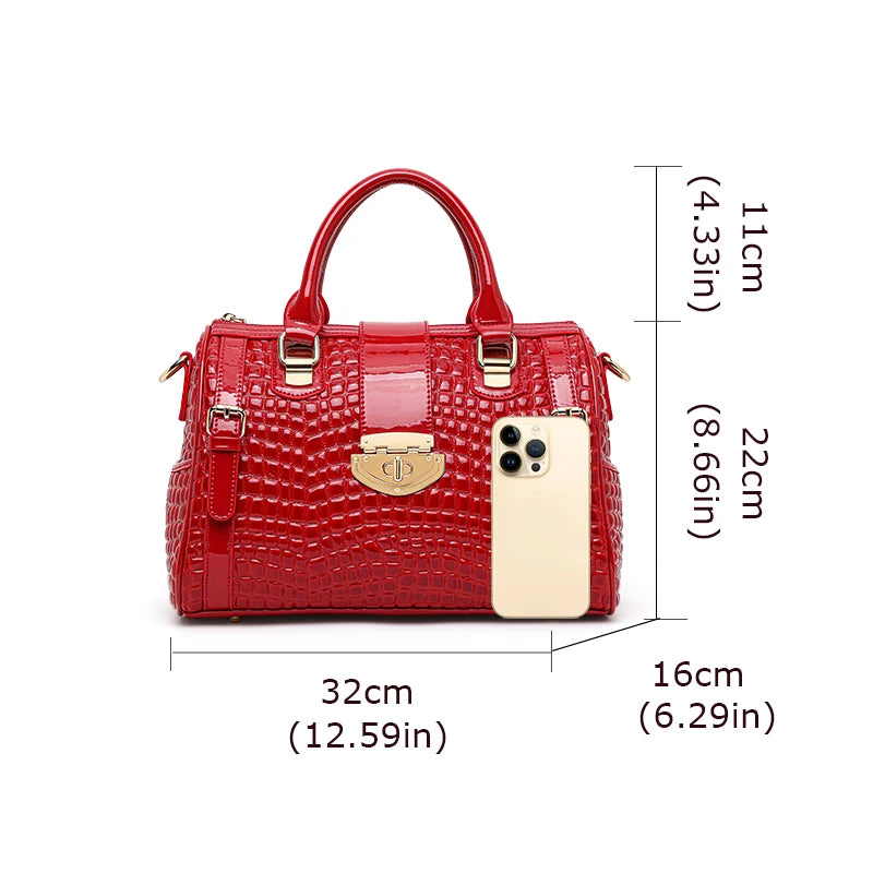 Aidrani Red Genuine Leather Crocodile Tail Boston Bag Women's Fashion Cowhide Handbag Single Shoulder Bag