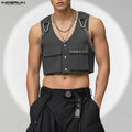 INCERUN Men Vests Solid Color Chain Decoration V Neck Sleeveless Crop Tops Men Streetwear Fashion Casual Male Waistcoats S-3XL