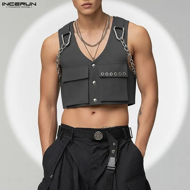 INCERUN Men Vests Solid Color Chain Decoration V Neck Sleeveless Crop Tops Men Streetwear Fashion Casual Male Waistcoats S-3XL