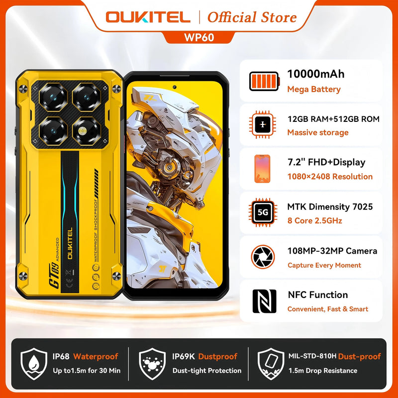 OUKITEL WP60 10000mAh Unlocked Smartphone, 108MP Camera,12GB+512GB, Android 15, NFC 5G, MTK 7025, 120Hz - Waterproof Phone