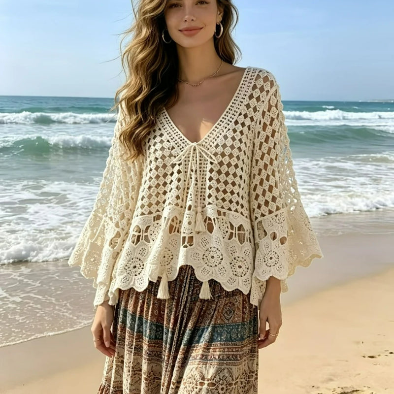 Bohemian Style Crochet Lace V Neck Cardigan Beachwear - View 4 | SAMAG