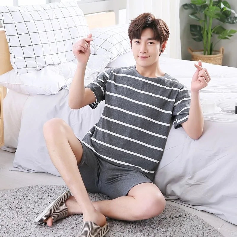 Men's Summer Pyjamas Set: Short-Sleeved Top and Shorts Youthful Student Style with Cartoon Stripes Summer Homewear Ensemble