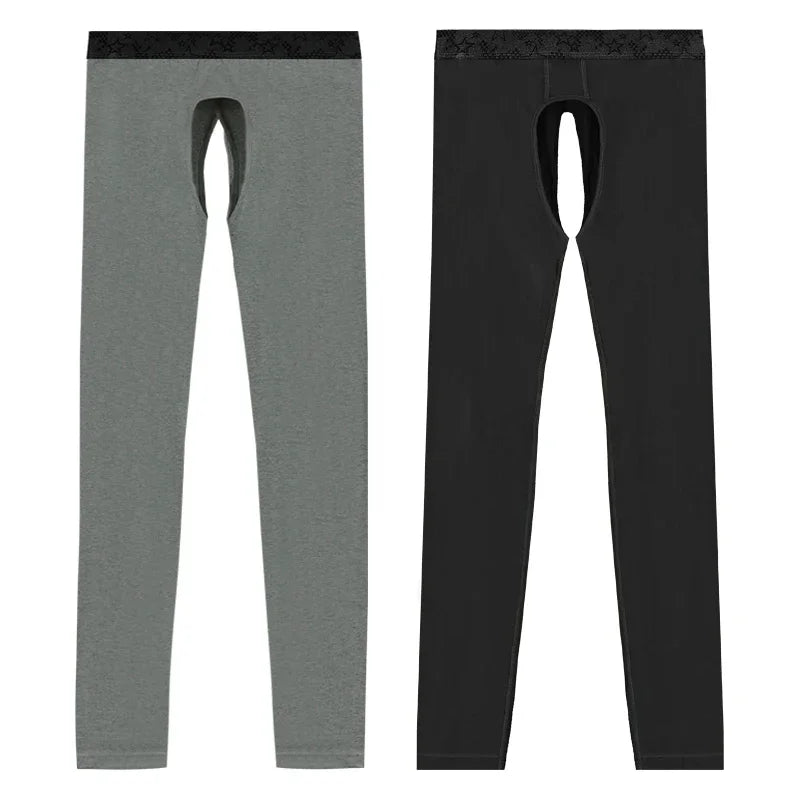 2 Open crotch thermal pants men's thin leggings middle-aged elderly long johns autumn and winter tight inner threads