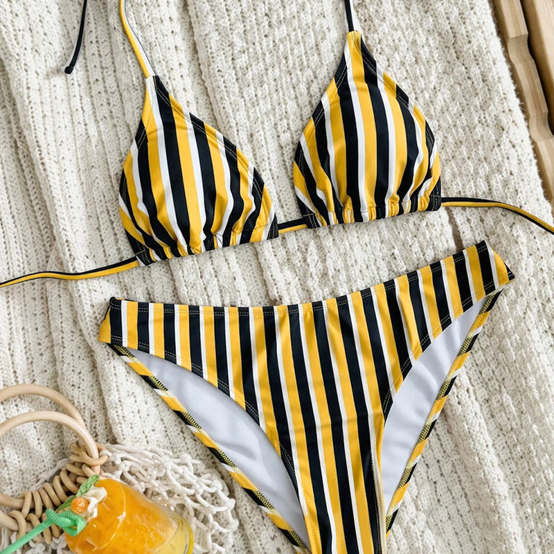 Striped Print Bikini Set Women Sexy Triangle Tie Side Two | SAMAG