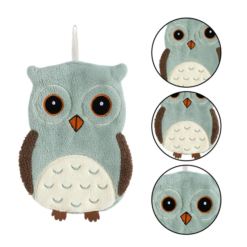 Hand Towel 1PC Cute Owl Hanging Towel Kitchen Hand Towel Bathroom Soft Absorbent Handkerchief Wipe Towel Cartoon Kids Towels