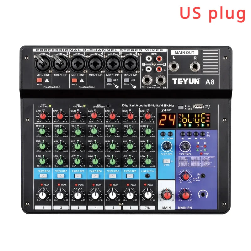 TEYUN 8 Channel Audio Mixer Professional Portable DJ Mixer Sound Table Board Digital MP3 Computer Input 48v Power Number A6 A8