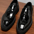British Style Genuine Leather Platform Square Toe Carving Slip On Dress Shoes Handmade Cowhide Tassels Solid Color Men Loafer