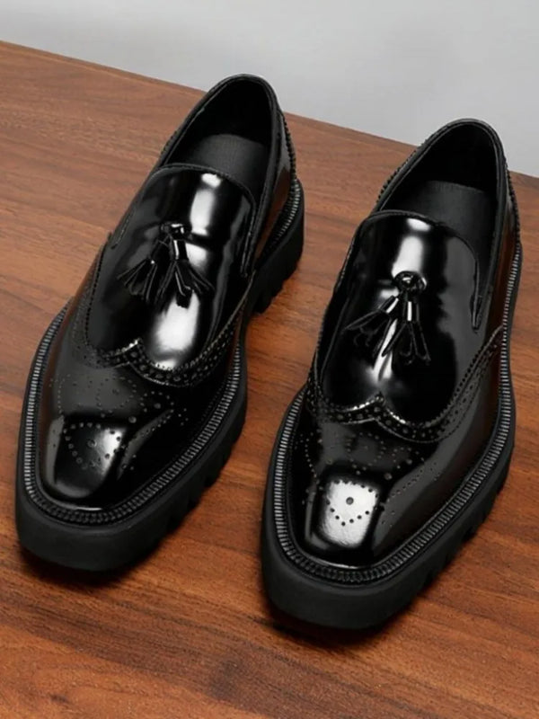 British Style Genuine Leather Platform Square Toe Carving Slip On Dress Shoes Handmade Cowhide Tassels Solid Color Men Loafer