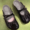 Women's Patent Leather Mary Jane Mules Buckle Bow Decor Slip on Flat Shoes Plaid Lining Casual Half Slippers Fashion  Footwear