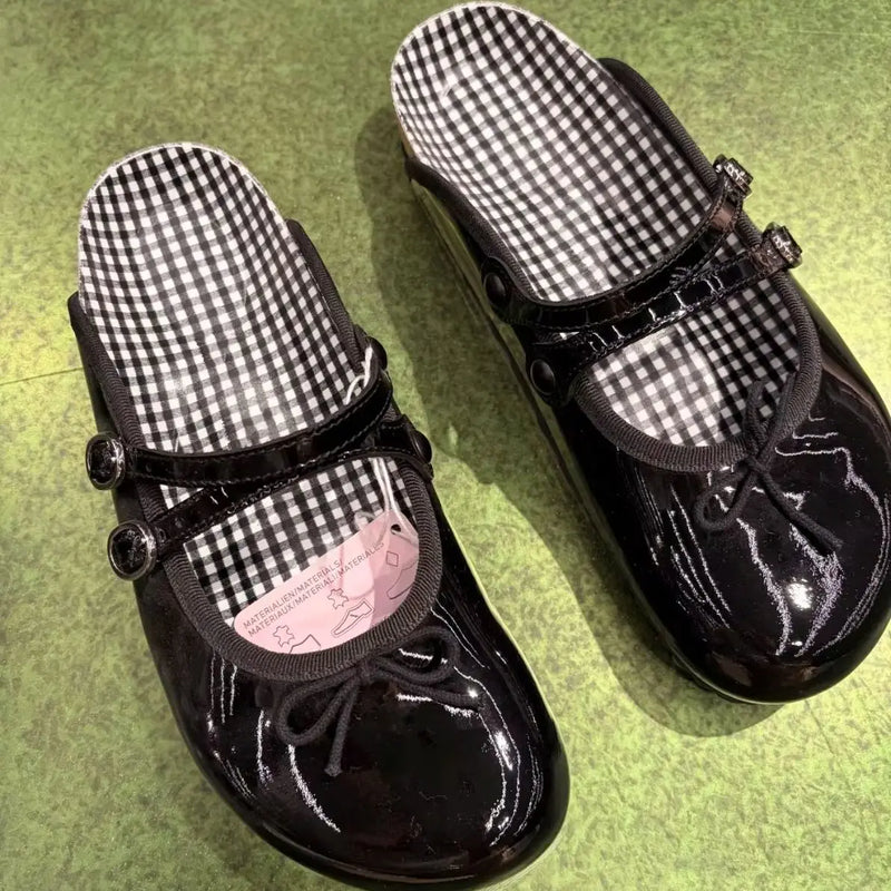 Women's Patent Leather Mary Jane Mules Buckle Bow Decor Slip on Flat Shoes Plaid Lining Casual Half Slippers Fashion  Footwear