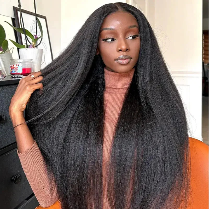 Black Yaki Lace Front Wig 30inch 180density Soft Kinky Straight Wig For Women Baby Hair Synthetic Wigs Heat Temperature Glueless