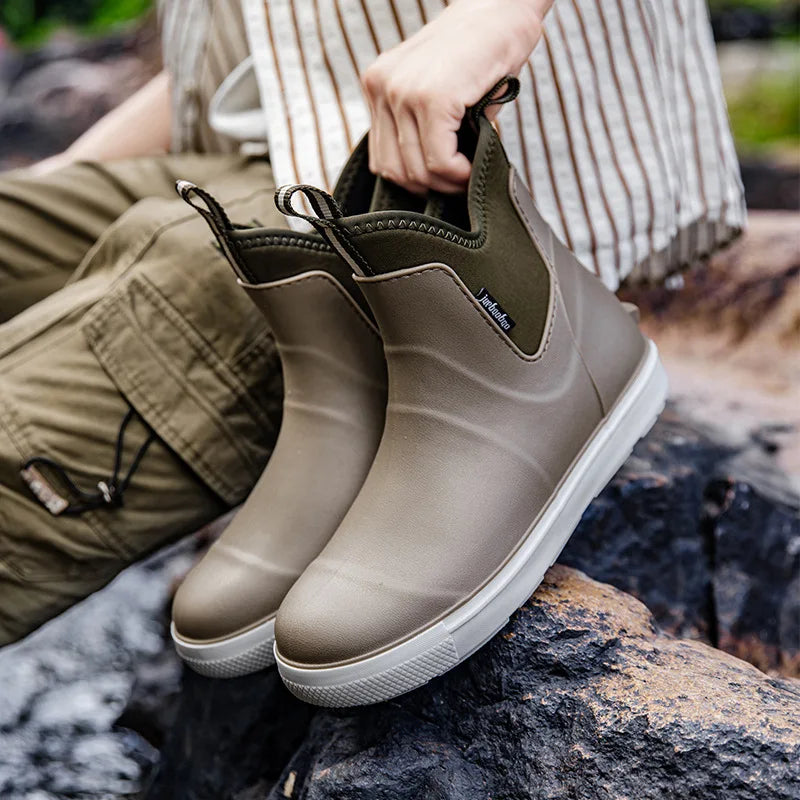 Men Rain Boots Non-slip Water Shoes Outdoor Waterproof Fishing Boots Slip on Men Rubber Boots PVC Material Round Toe Rain Shoes