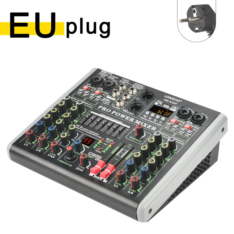 Lomeho 6 Channel Power Mixer 99 Effect Mixing Console with Amplifier Bluetooth USB PC Audio Record 2*100W Sound Table AM-AX6P