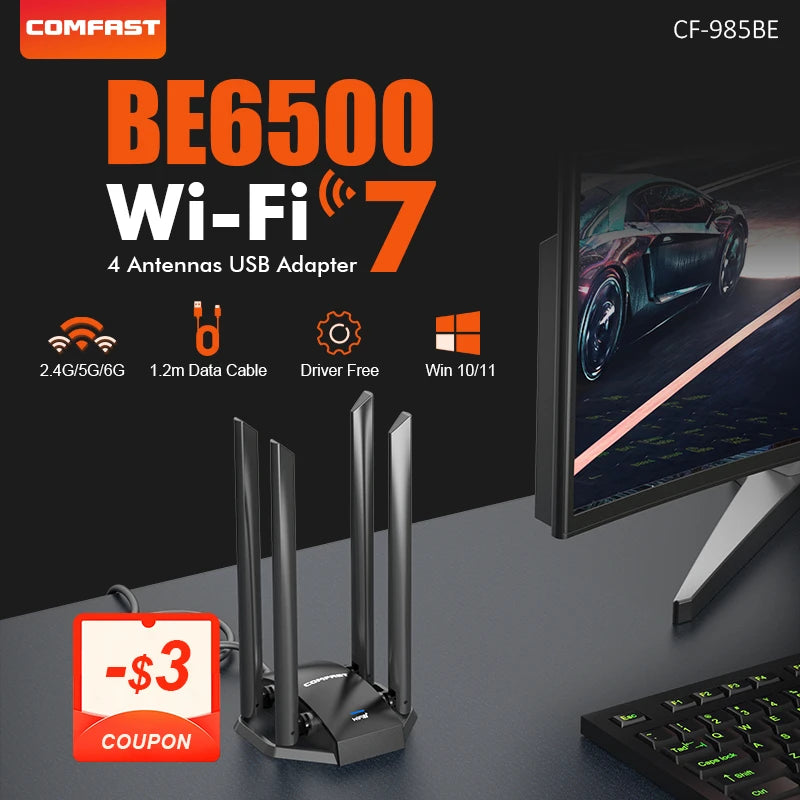 COMFAST BE6500 Dual - Band WiFi 7 USB Adapter 6GHz 5G 2G Wireless Network Card USB3.0 Drive - Free - Visuel 2 | SAMAG