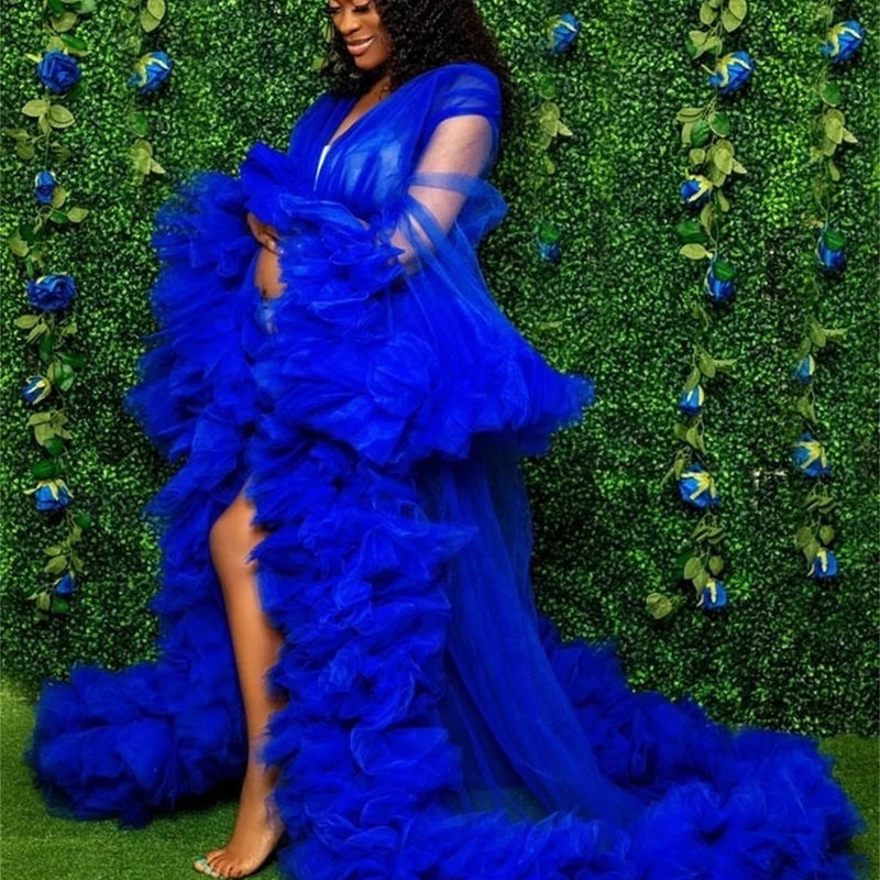 Luxury Maternity Dresses Puffy Tulle Long Women Robe Wedding Bridal Sleepwear Nightwear Front Split BabyShower Gown Photoshoot