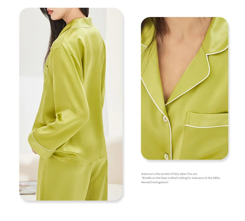 BirdTree, 19MM 100%Real Silk Pajamas Set, Women Long Sleeve Solid, Sexy Casual Long Pants Homewear, 2024 Summer Autumn S48086QC