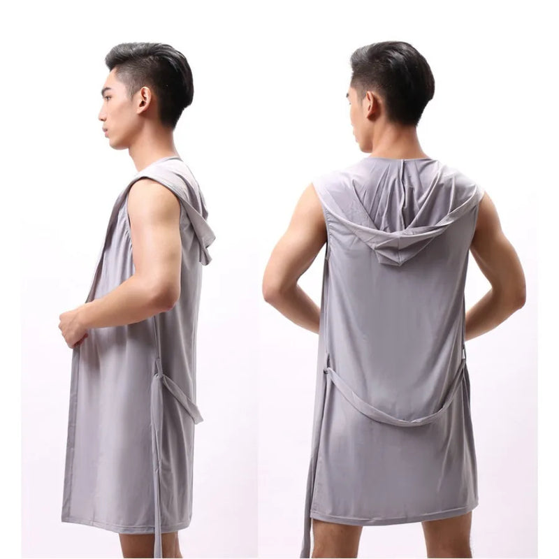 Men Hooded Bathrobes Summer Sleeveless Homewear Silk Pajamas Bathrobe Mens Robes Sleepwear Kimono Dressing Gown with Hood