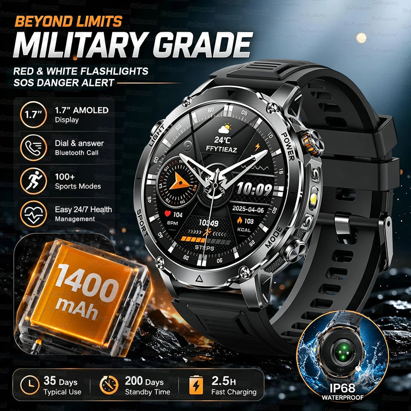 New 1400mAh Big Battery Smart Watch Men Outdoor GPS Flashlight IP68 Waterproof Bluetooth Call AMOLED Military Sports Smartwatch