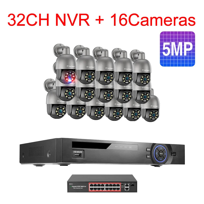 Techage 36CH 5MP 8MP POE PTZ Camera System Smart Ai Human Detected Two-way Audio Color Night 4K H.26S Security Surveillance Kit