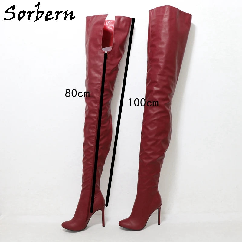 Sorbern 80Cm Crotch /100Cm Shaft Length Boots Women High Heel Wine Red Black Matte Shoes Round Toe Custom Crossdresser Boot