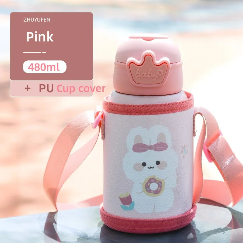 480ml Kids Thermos Bottle Cute Children's Thermal Water Bottle with Straw Stainless Steel Thermos Mug for Kid Portable Water Cup