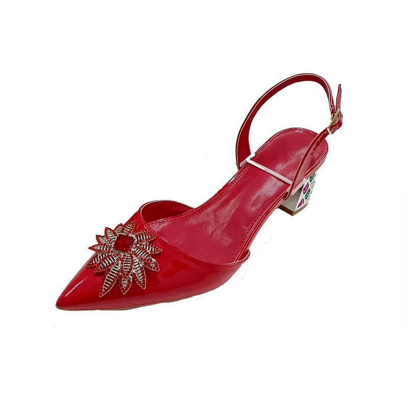 INSIGHTLINK Red Color Party Shoes and Bags Nigerian Women’s Suit Medium Heel Pointed Toe Women’s Shoes  Rhinestones sandals Red