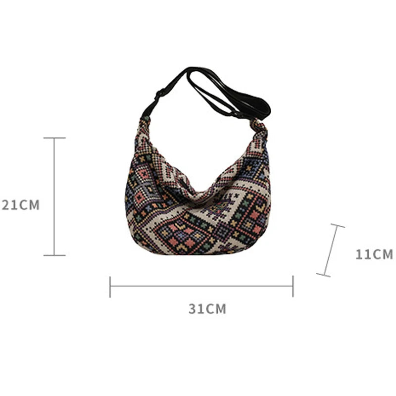 Vintage Female Shoulder Messenger Bag Trend Simple Zipper Handbags Ethnic-Style Canvas Shoulder Bag Small Tote Crossbody Bags