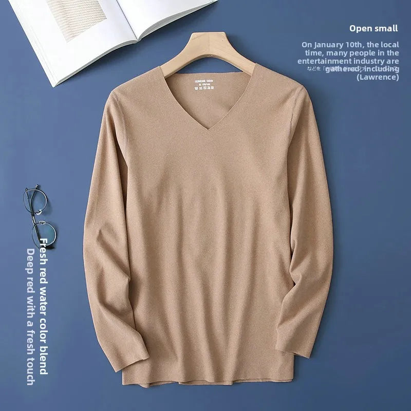 Double-Sided Deroing Men's Long Sleeve V-Neck Thermal Top Seamless Comfortable Cotton Knitted Base Layer Shirt Casual Fashion