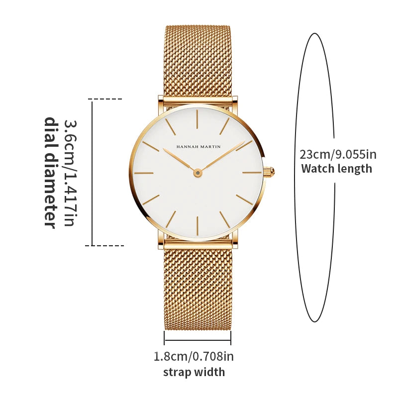 Stainless Steel Mesh Strap Women's Watch 36mm Silver Minimalist Dial Japanese Quartz Movement 6.9mm Slim Clock 3Bar Life Waterproof Local Fast Shipping Hannah Martin Brand Watch
