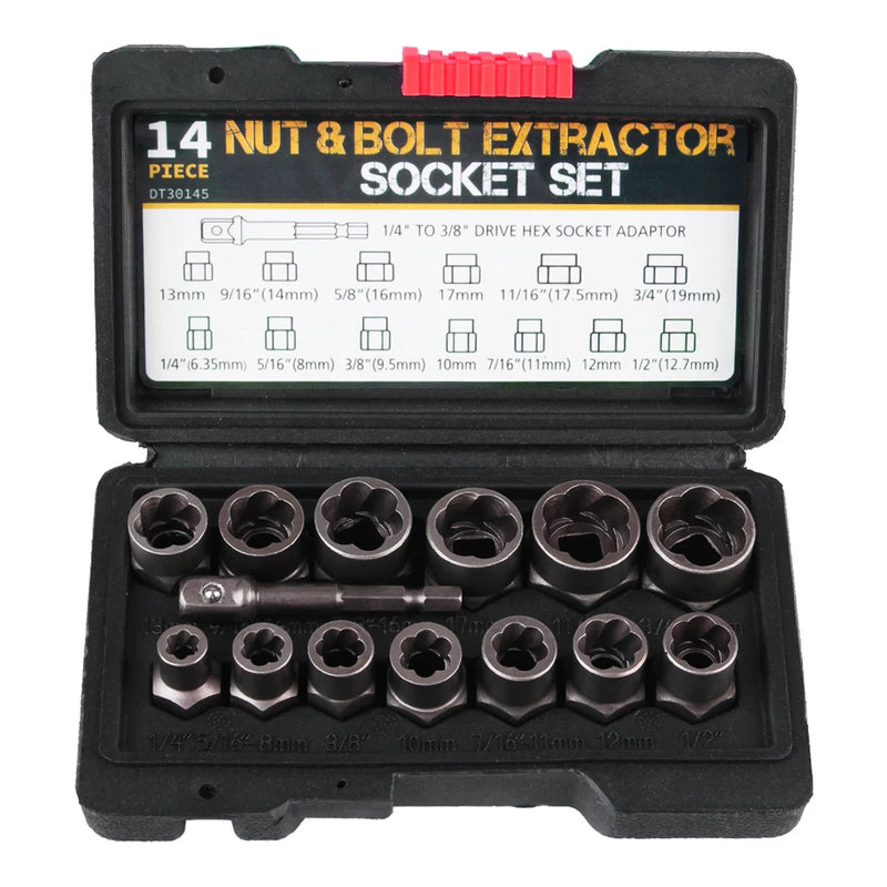 Car Tool Kit Hand Tools 6.35mm-19mm Damaged Screw Extractor 14pcs Bolt Nut Remover Socket Set Cr-Mo Steel