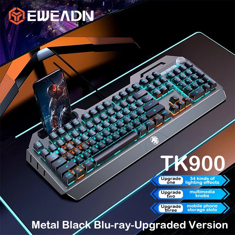 EWEADN TK900 Mechanical Keyboard USB-C Rechargeable RGB Backlit Ergonomic Gaming Keyboard For PC Laptop Mac