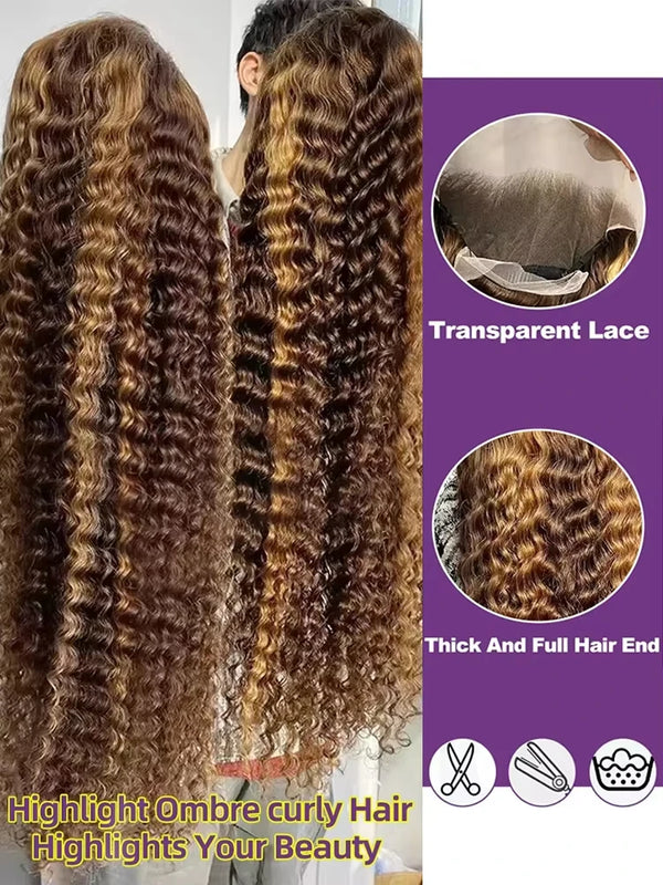 250 Density Highlight Ombre 13x6 Curly Real Human Hair Wigs 30 38 Inch Brazilian 4/27 Colored Deep Wave 13x4 Lace Frontal Wigs