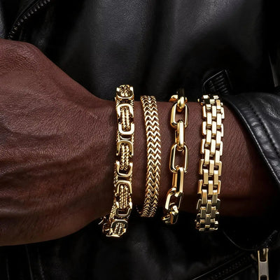 Gold Color Men's Chain Bracelet, Hip Hop Stainless Steel Chunky Wristband, Rock Punk Jewelry Gift for Dad Son BBF Him | SAMAG