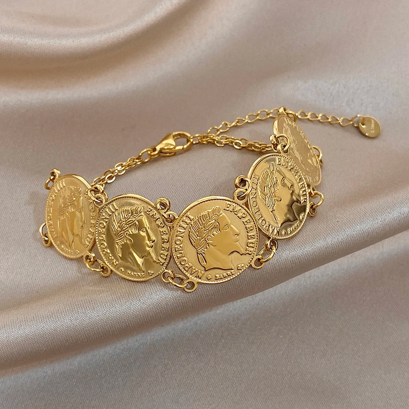 Vintage Gold Plated Stainless Steel Coins Wrist Bracelet for Women Men Classic Ethnic Cuff Bracelets Waterproof Jewelry